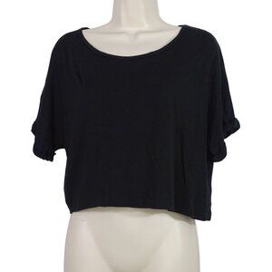 Black Crop Top Rolled Short Sleeve Women Size L Casual Stretch Knit T-Shirt